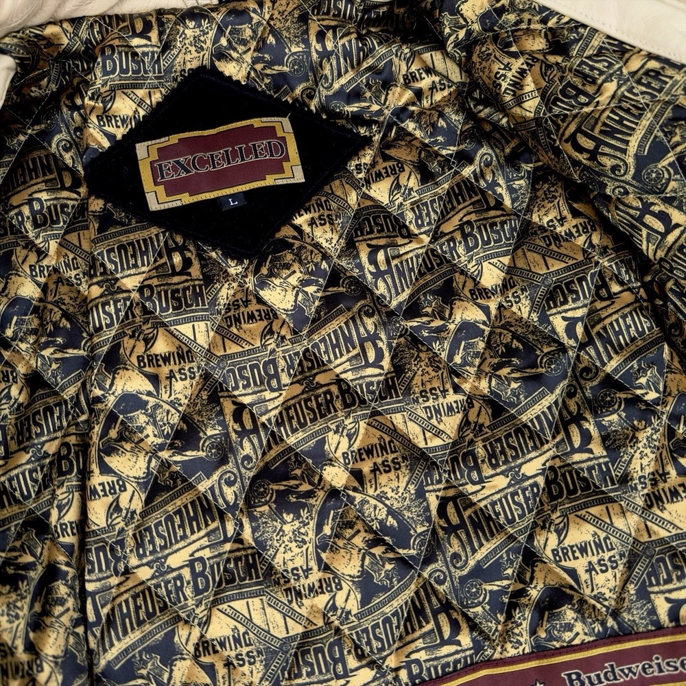 VTG Excelled Anheuser Busch Budweiser Leather Bomber Jacket Embroidered Men's L - Picture 15 of 16
